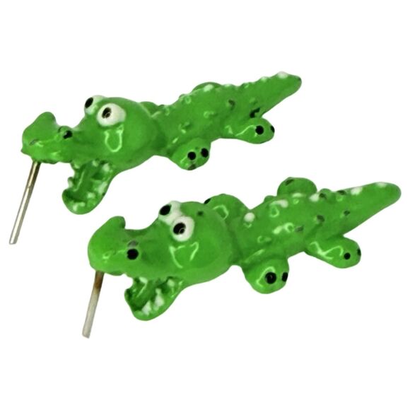 Vintage Green Crocodile Alligator Stud Earrings 1 1/8" Fun Novelty 80's Jewelry - Picture 1 of 13